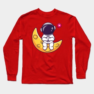 Cute Astronaut Sitting On Moon Cartoon Long Sleeve T-Shirt